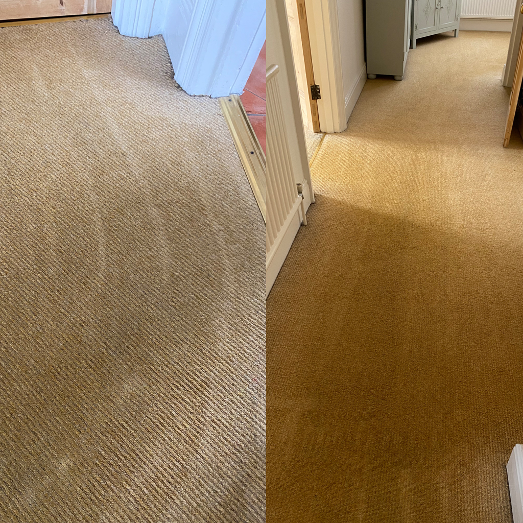 Hallway carpet before and after cleaning